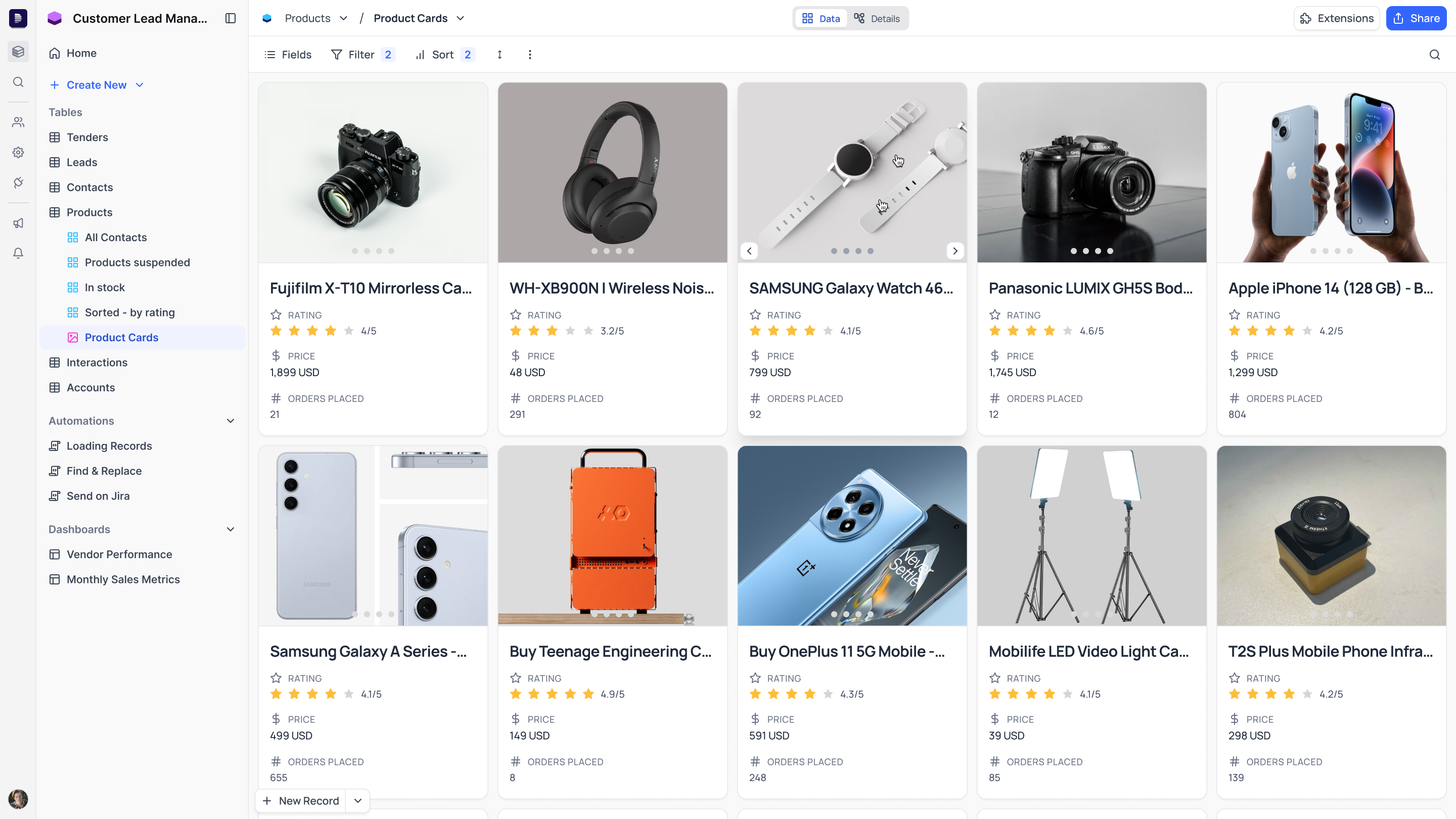 Picture of a table of products in gallery view
