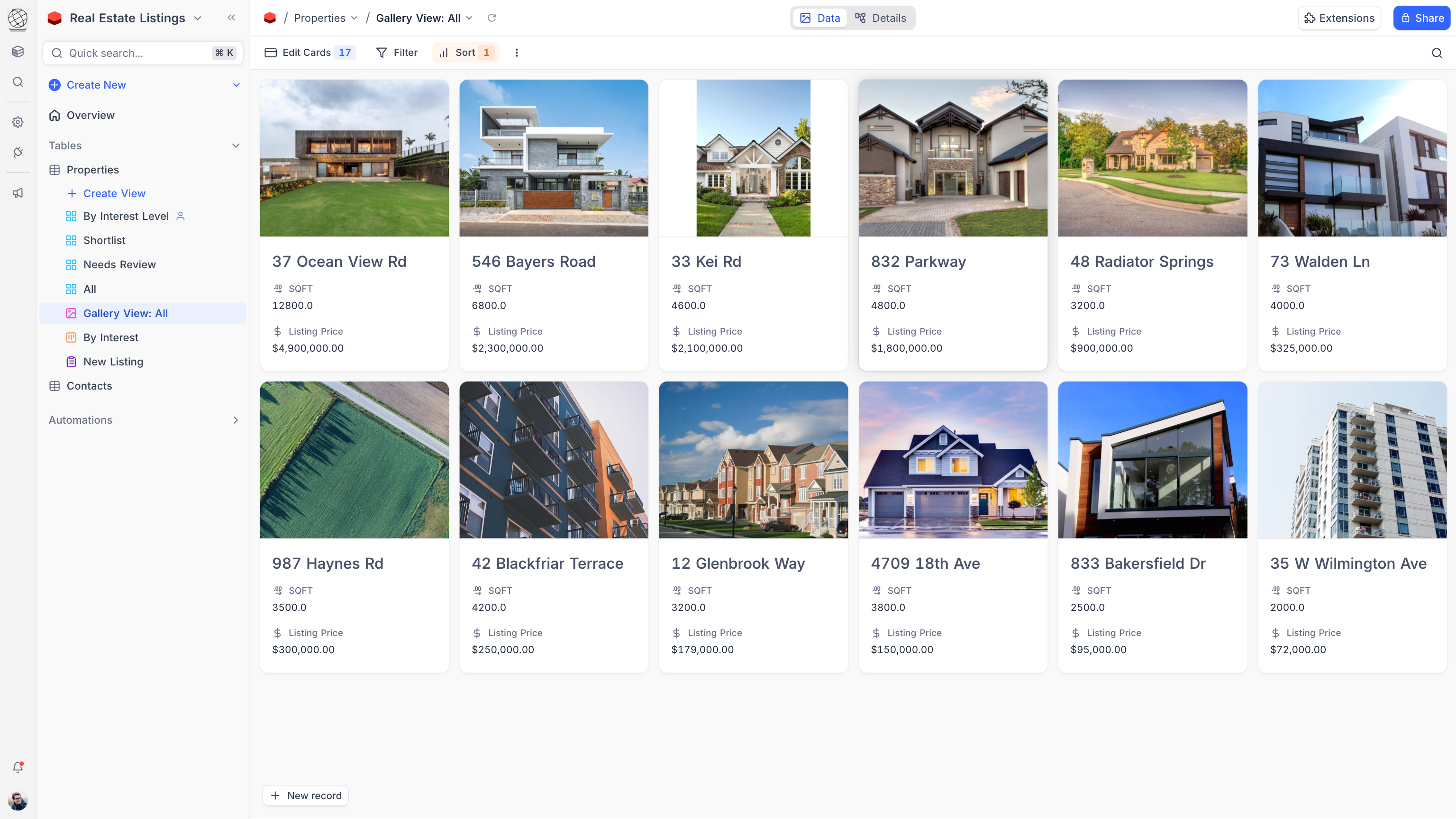 Gallery view of all listings in a real estate base