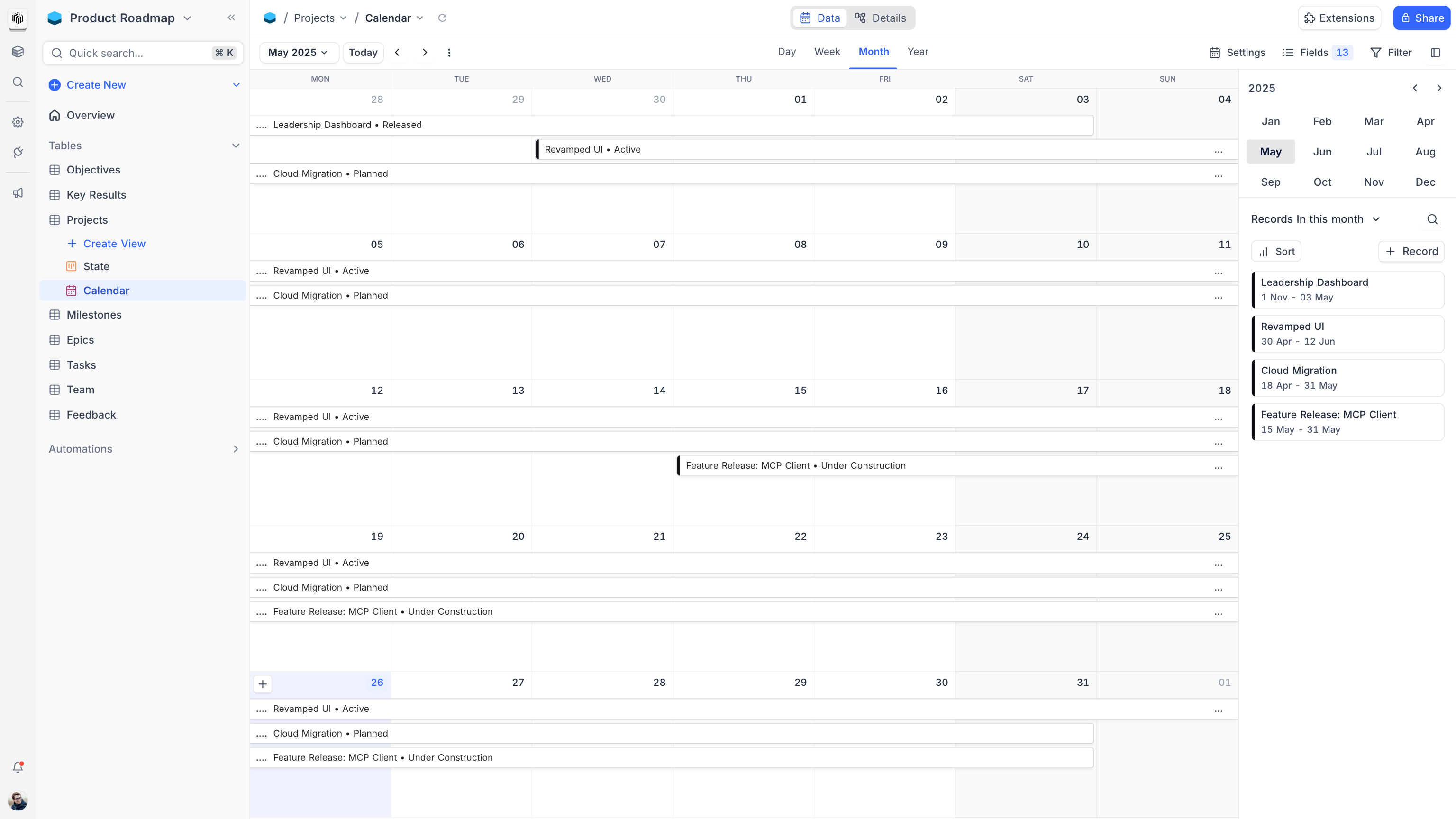 product management - calendar view