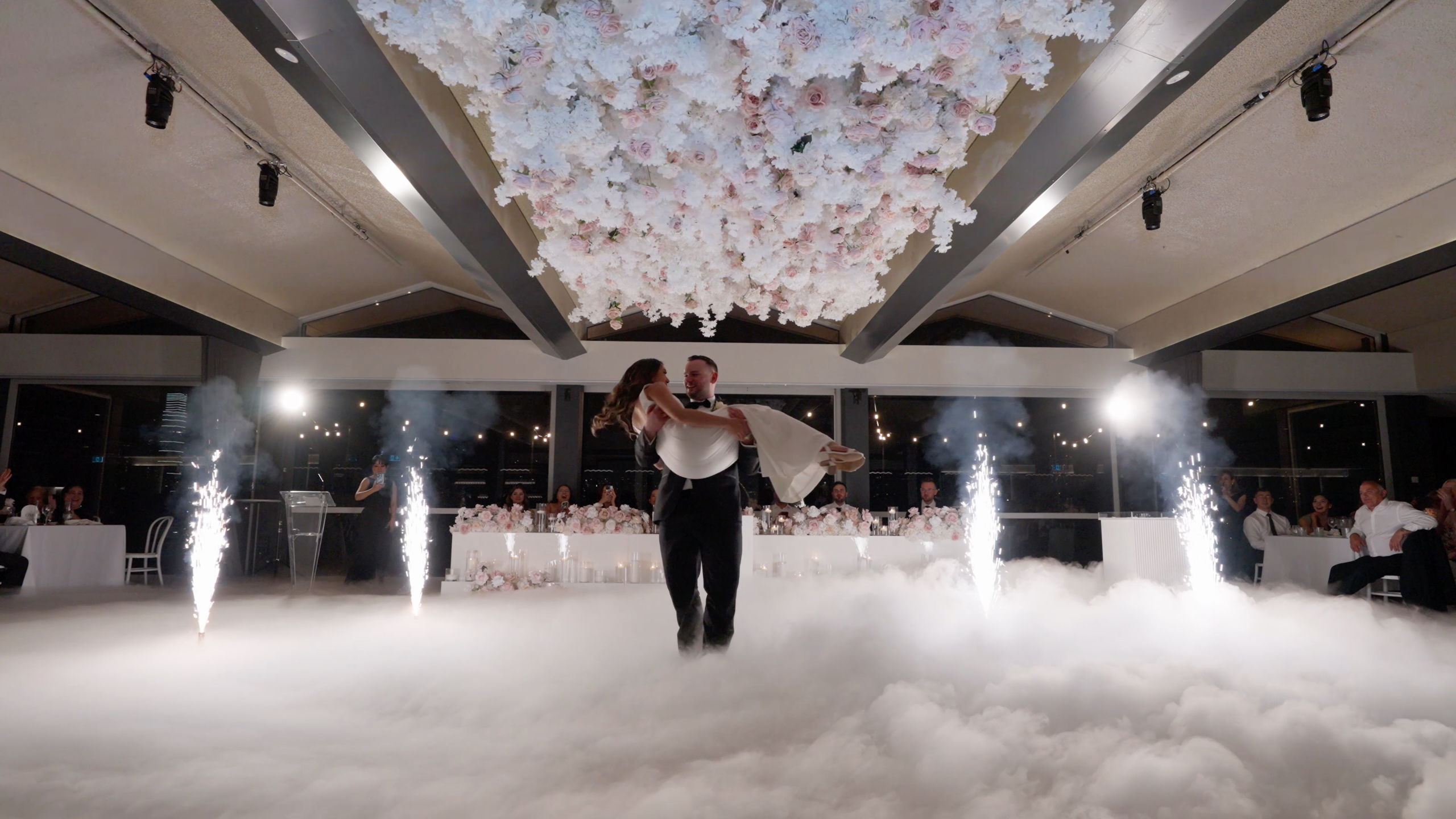 Cinematic wedding film still from Albert Park Carousel