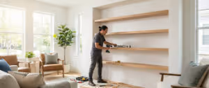 Professional installation of custom floating shelves and high-end built-in storage solutions | Specialized Services | Quickfix Handyman Inc. | Calgary