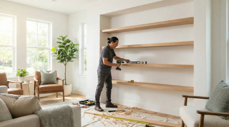 Professional installation of custom floating shelves and high-end built-in storage solutions | Specialized Services | Quickfix Handyman Inc. | Calgary