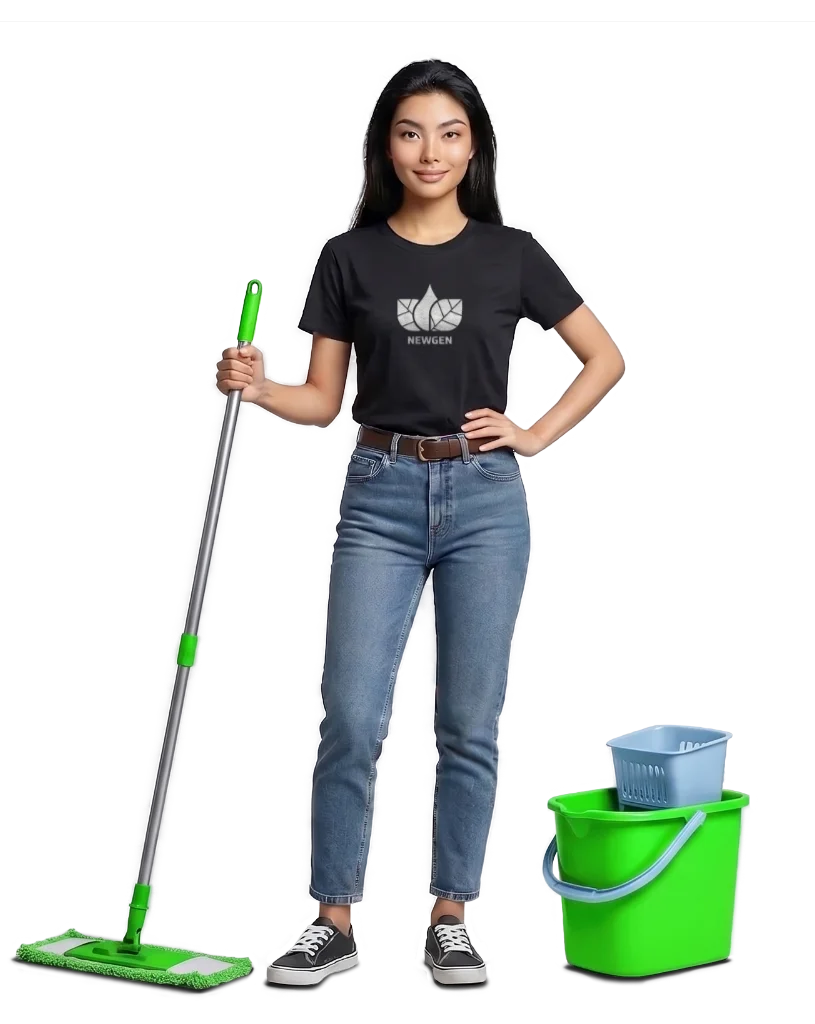 A professional cleaner wearing a branded Newgen black t-shirt and jeans, holding a green microfiber mop next to a green bucket with cleaning supplies on a transparent background | Newgen Cleaning Services
