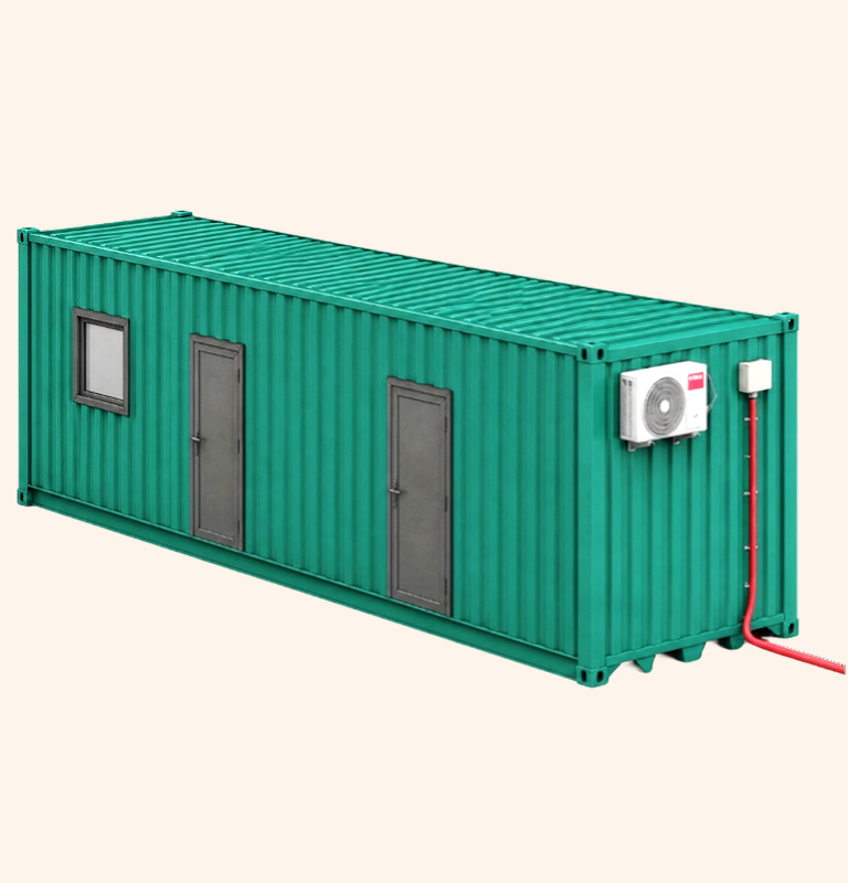 Green shipping container with a window, two metal doors, and an external air conditioning unit.