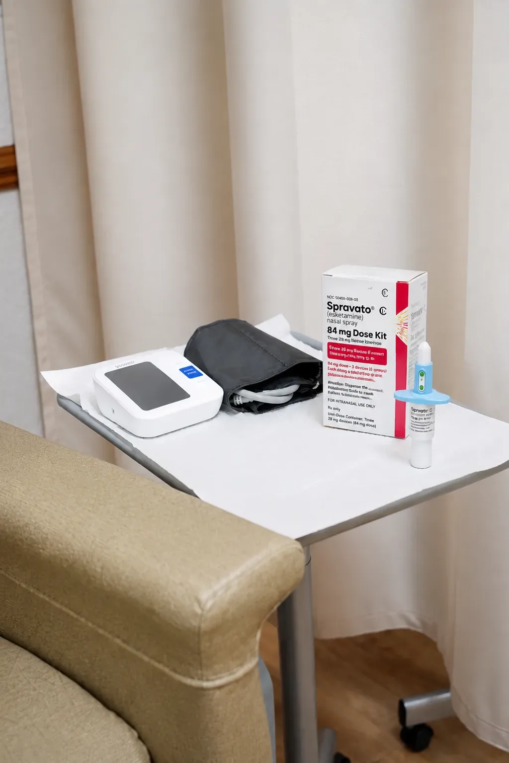 Spravato (esketamine) nasal spray dose kit and blood pressure monitor prepared for a treatment session
