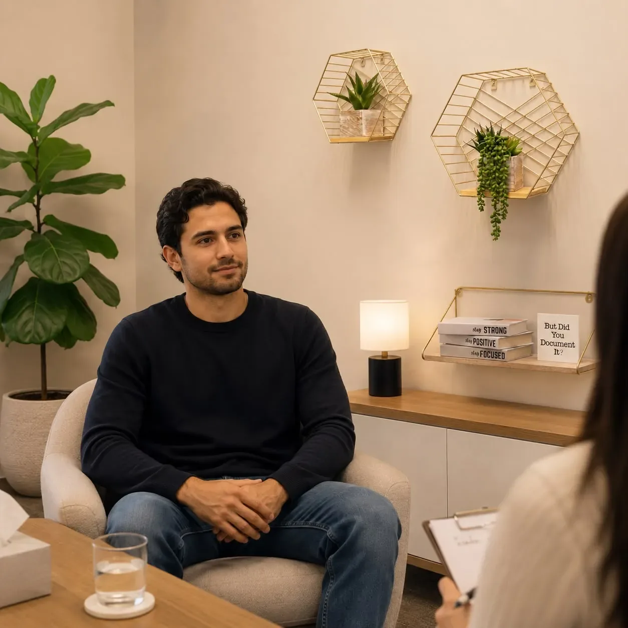 Paciente en un consultorio cálido y tranquilo conversando con un clínico sobre sus opciones de tratamiento