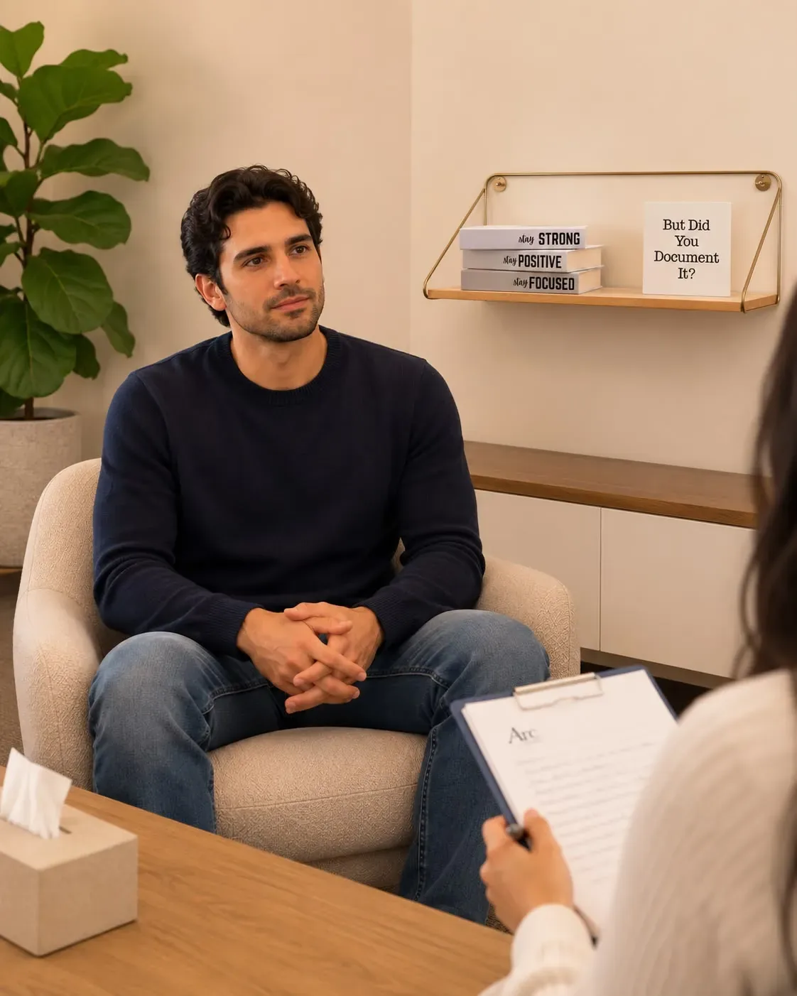 Provider taking notes during a comprehensive mental health evaluation