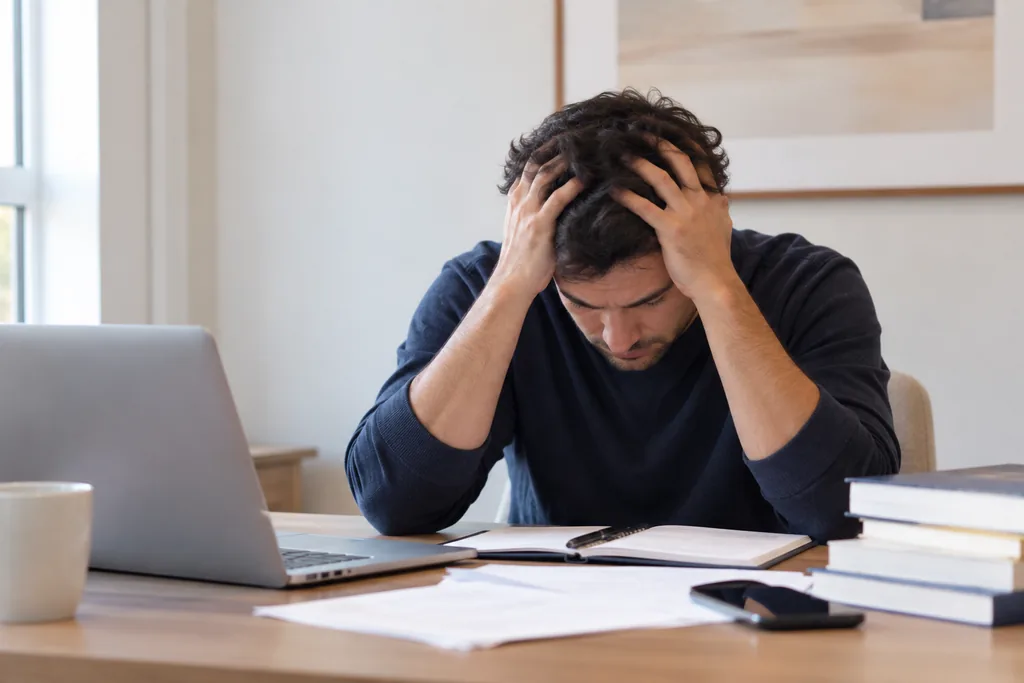 Man sitting at a desk with his hands on his head, overwhelmed by worry