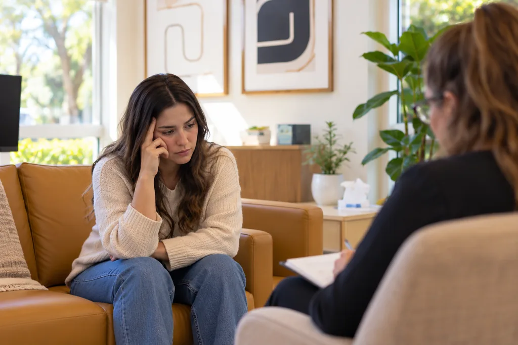 Woman sitting on a couch talking with a counselor who takes notes during a counseling session