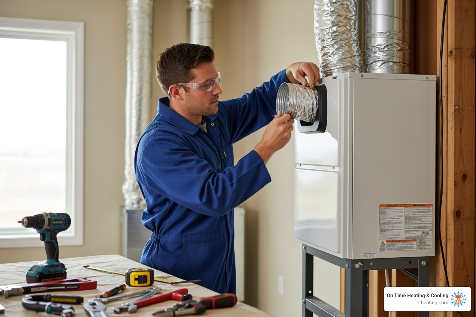 A certified technician carefully installing an indoor air handler, showcasing attention to detail in home inspection, old unit removal, ductwork, system testing, and overall installation timeline - new ac installation