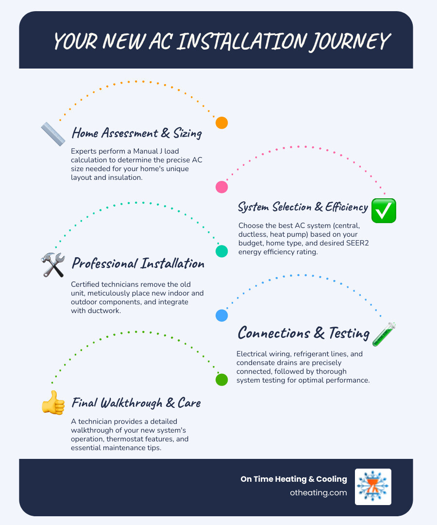 Comprehensive infographic showing the new AC installation process from initial home assessment and load calculation through system selection, professional installation steps including refrigerant line connection and electrical wiring, to final system testing and homeowner walkthrough, with SEER2 energy efficiency ratings comparison - new ac installation infographic infographic-line-5-steps-blues-accent_colors