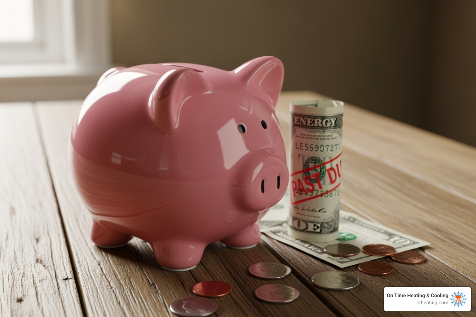 A piggy bank next to an energy bill showing savings, representing installation costs, energy savings, rebates, financing, and renting vs buying considerations - new ac installation