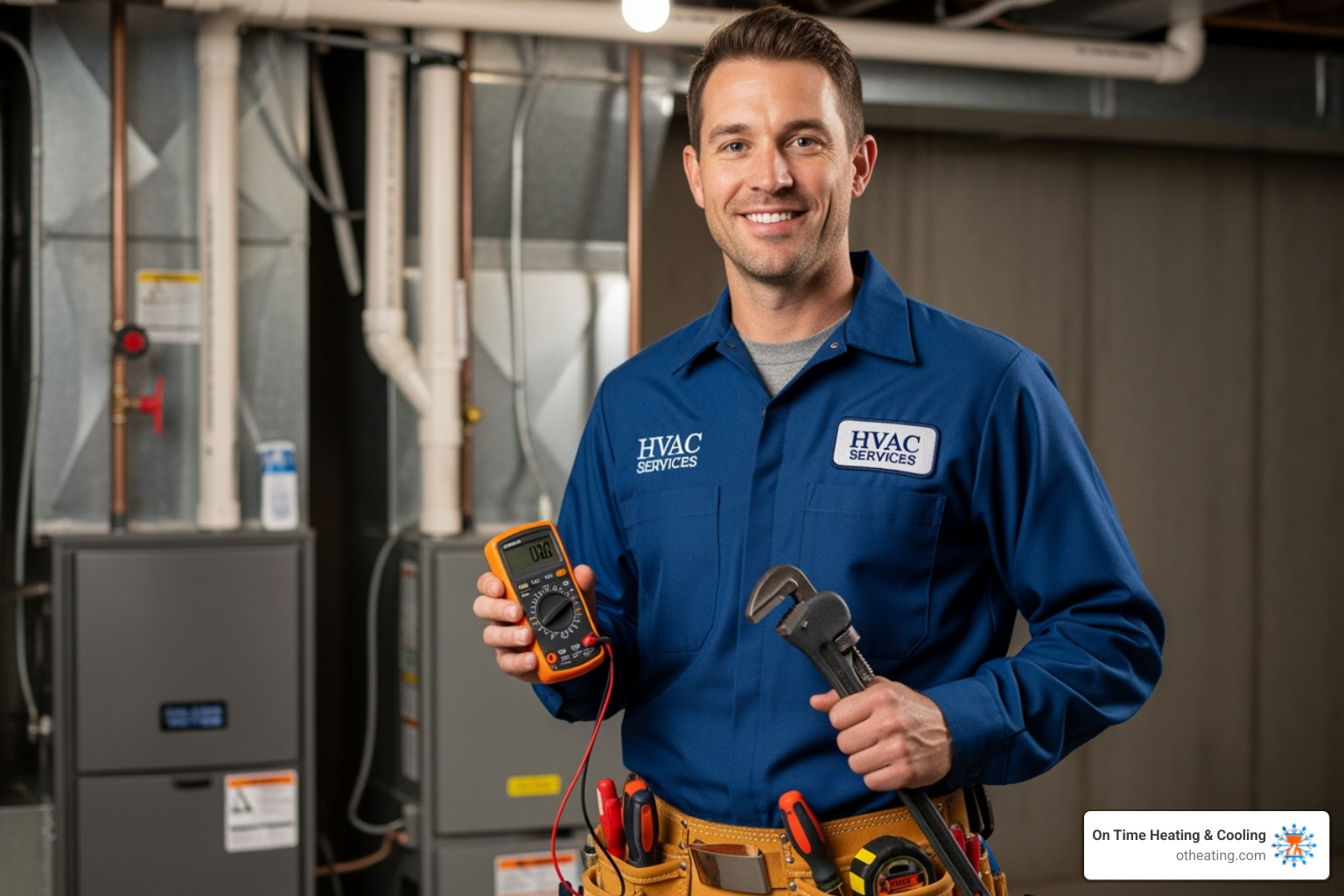 A professional HVAC technician with tools, smiling confidently, representing safety, warranty protection, efficiency, code compliance, and expertise in finding an installer - new ac installation