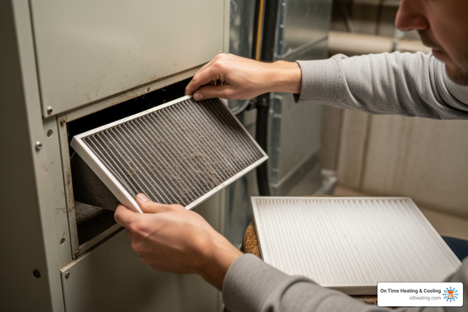 person replacing a very dirty HVAC air filter - AC freezing up