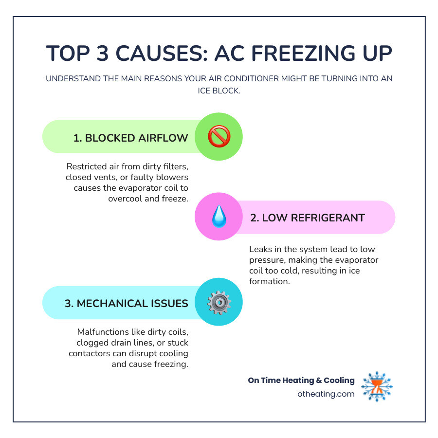 Infographic showing the top 3 causes of AC freezing: blocked airflow from dirty filters and closed vents, low refrigerant levels from system leaks, and mechanical issues like stuck contactors and clogged drain lines, with prevention tips for each cause - AC freezing up infographic infographic-line-3-steps-colors
