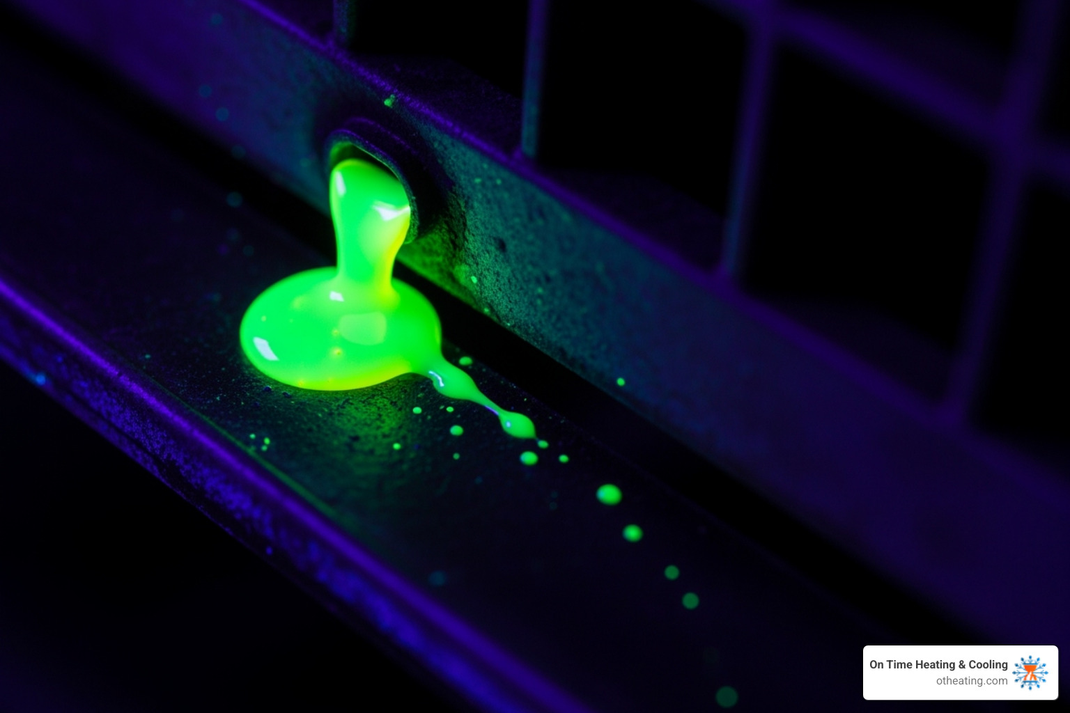 UV dye leak glowing under a blacklight - AC refrigerant leak detection