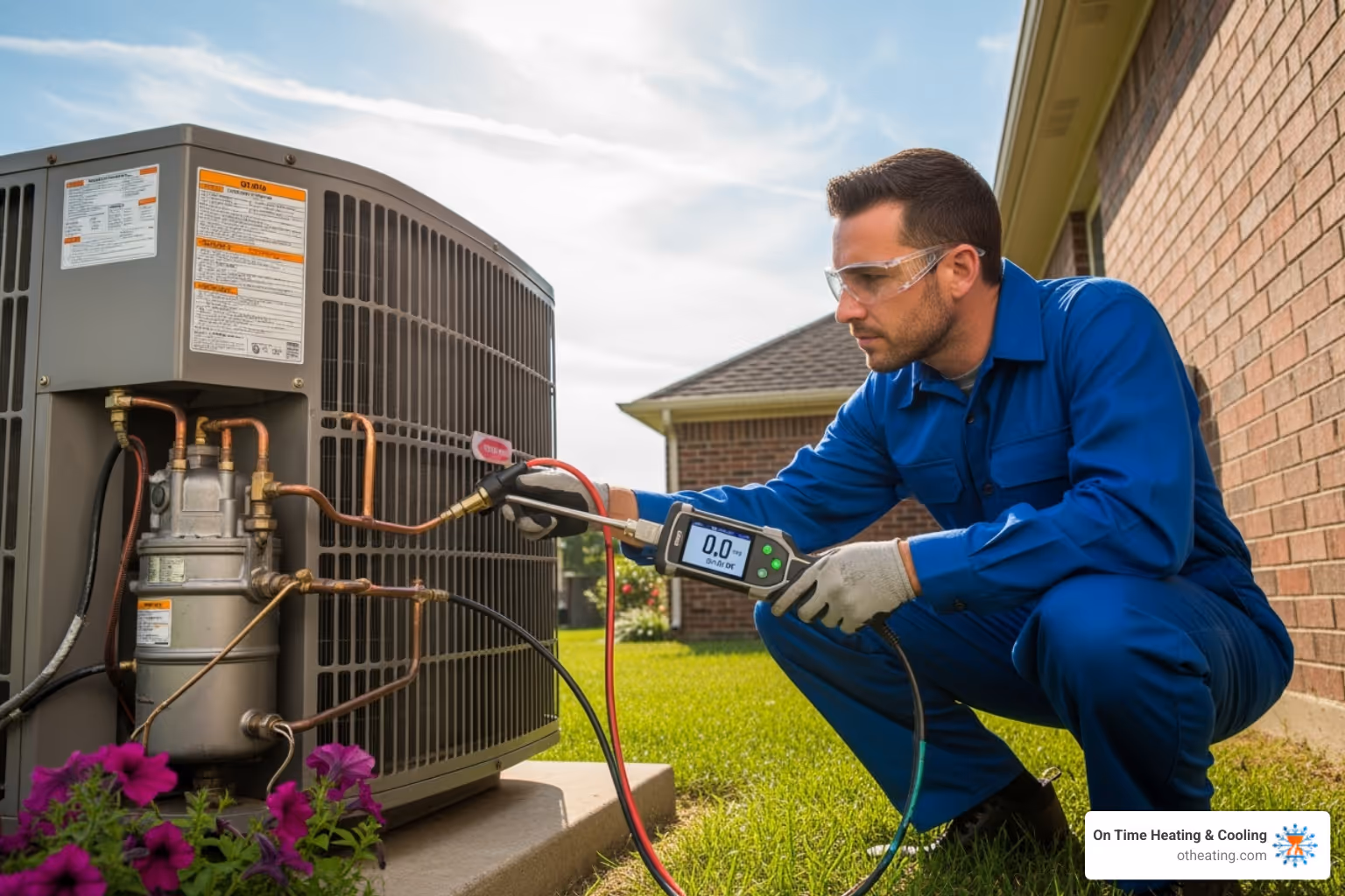 Technician safely using an electronic leak detector on an AC unit - AC refrigerant leak detection