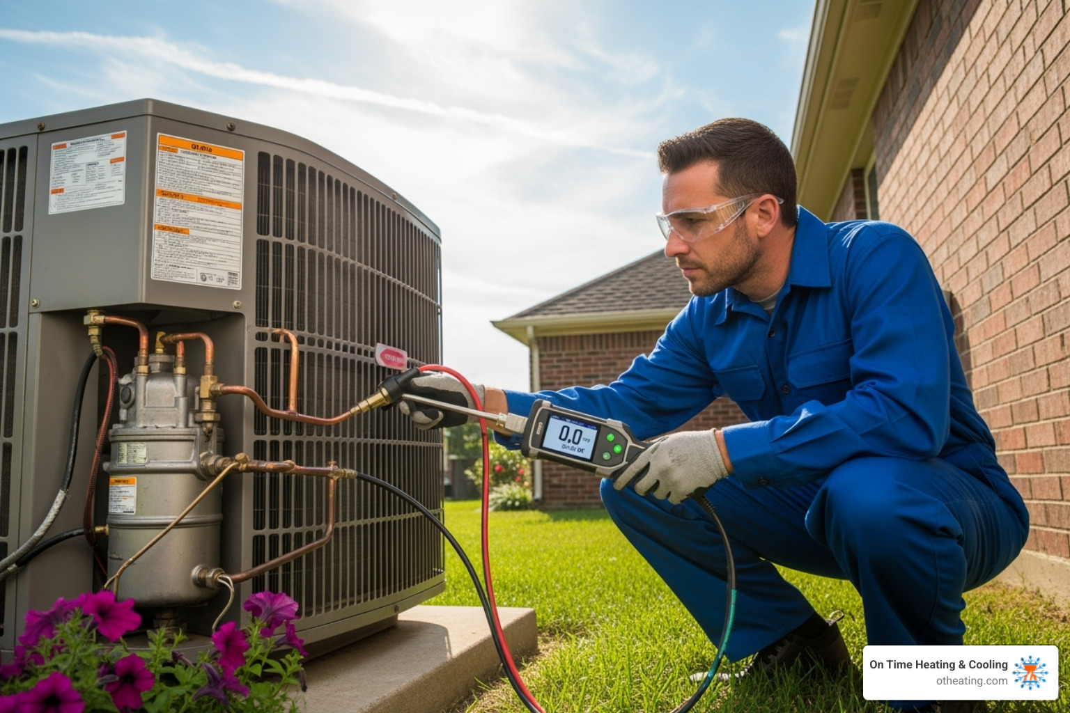 Technician safely using an electronic leak detector on an AC unit - AC refrigerant leak detection