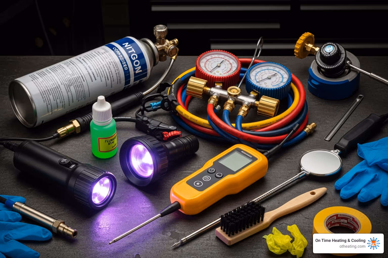 Various leak detection tools laid out like a detective's kit - AC refrigerant leak detection