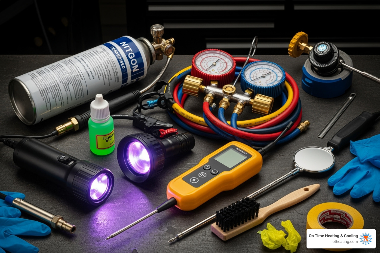 Various leak detection tools laid out like a detective's kit - AC refrigerant leak detection