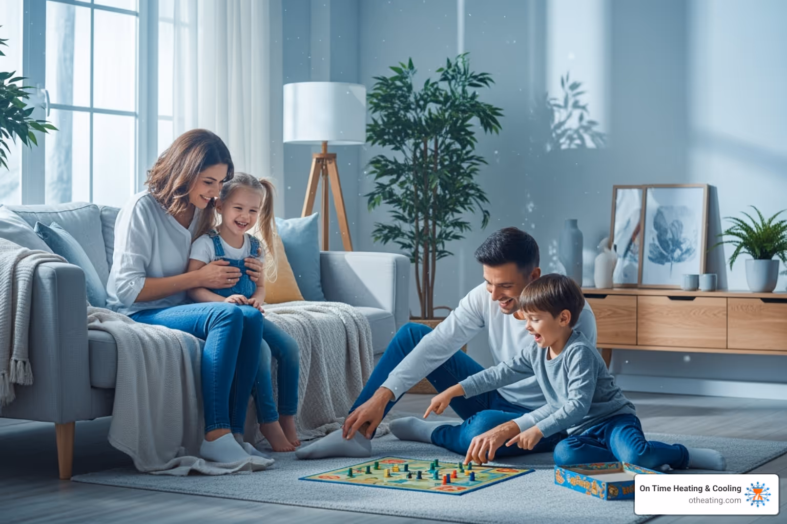 Family breathing clean air in their living room - HVAC system cleaning