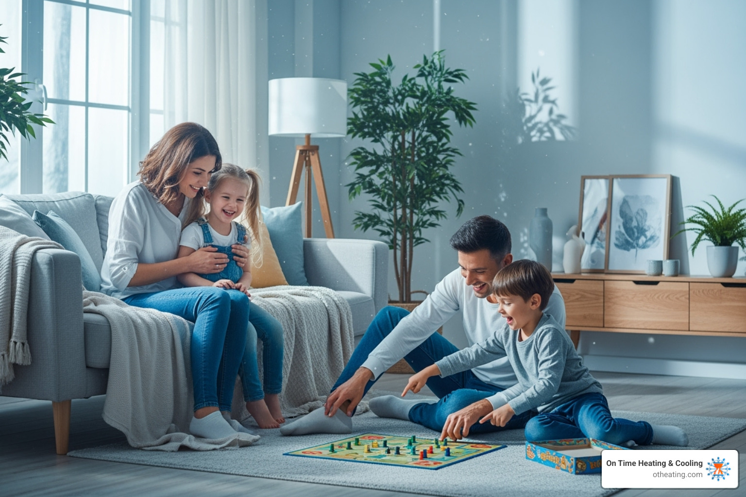 Family breathing clean air in their living room - HVAC system cleaning