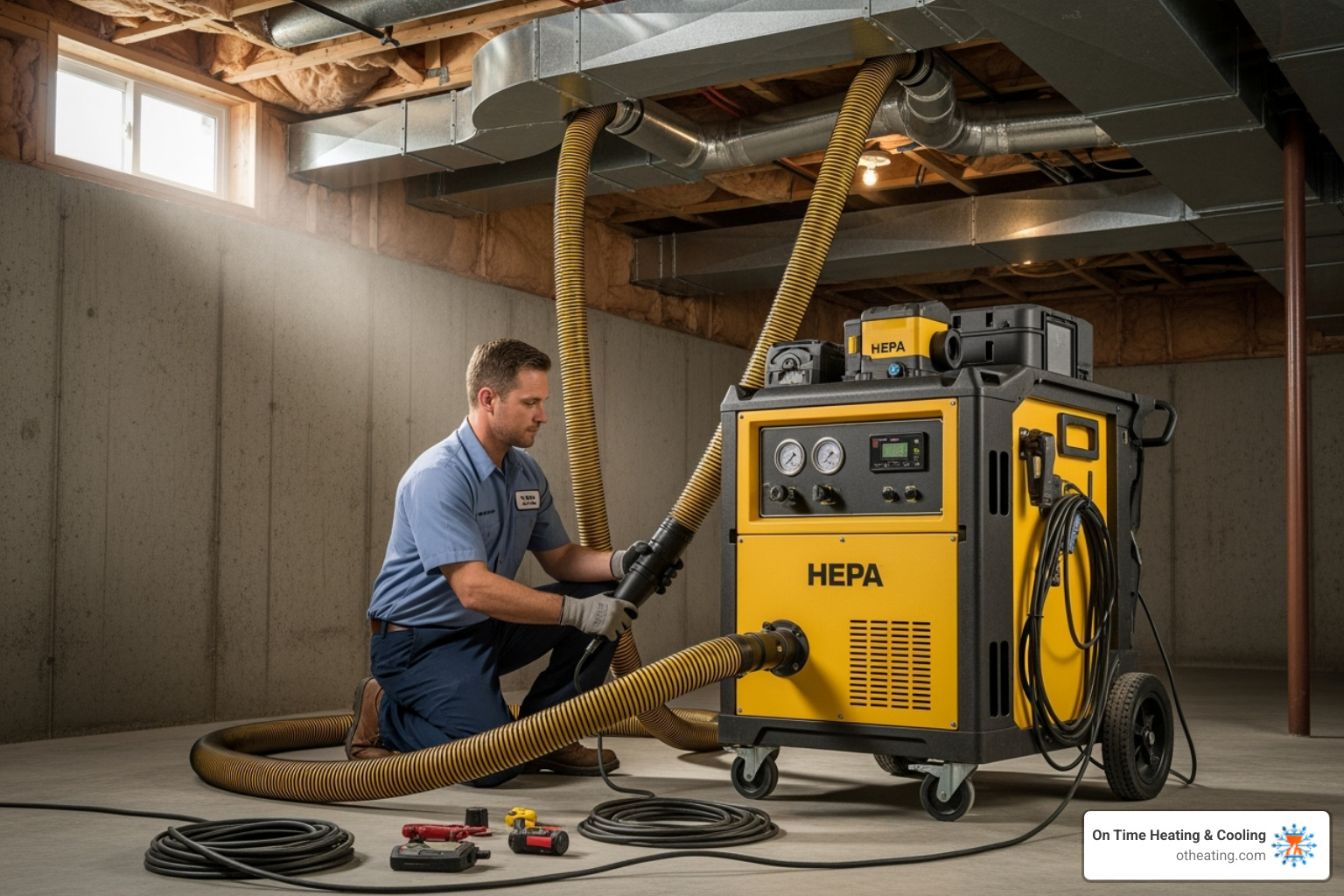 Technician setting up a large HEPA-filtered vacuum connected to a home's ductwork - HVAC system cleaning