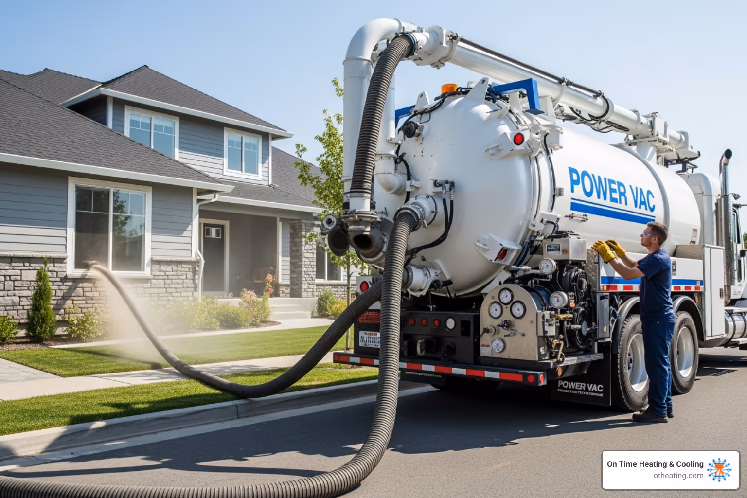 powerful truck-mounted vacuum unit connected to a home - air duct cleaning process