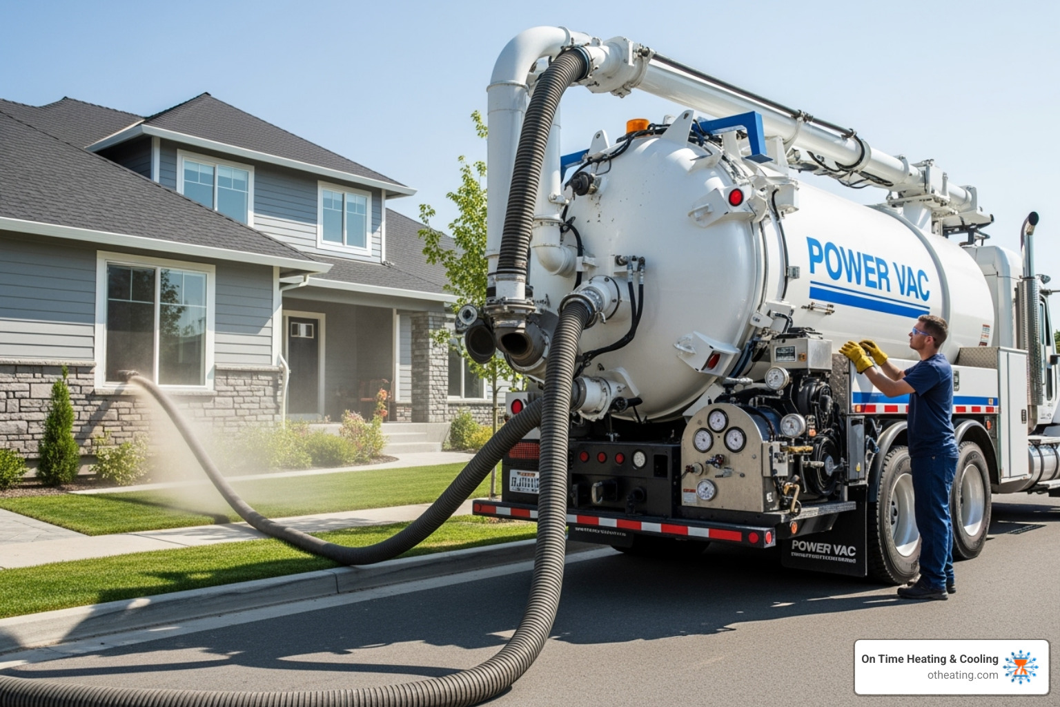 powerful truck-mounted vacuum unit connected to a home - air duct cleaning process