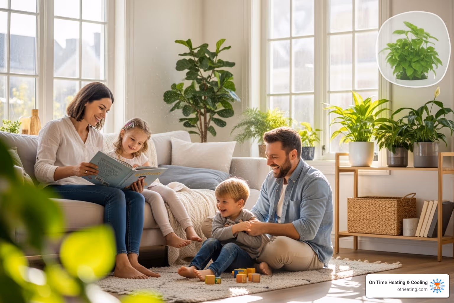 family enjoying fresh, clean air in their living room - air duct cleaning process