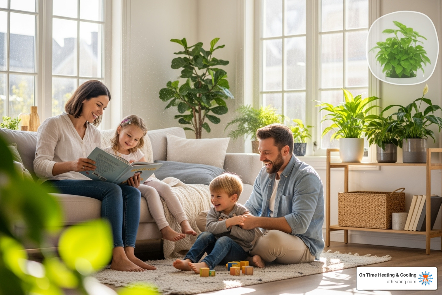 family enjoying fresh, clean air in their living room - air duct cleaning process
