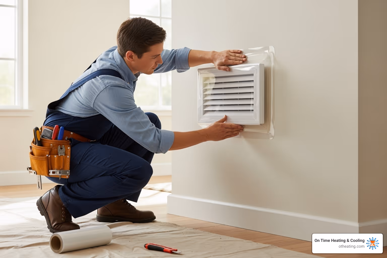 technician sealing a supply vent with an adhesive cover - air duct cleaning process