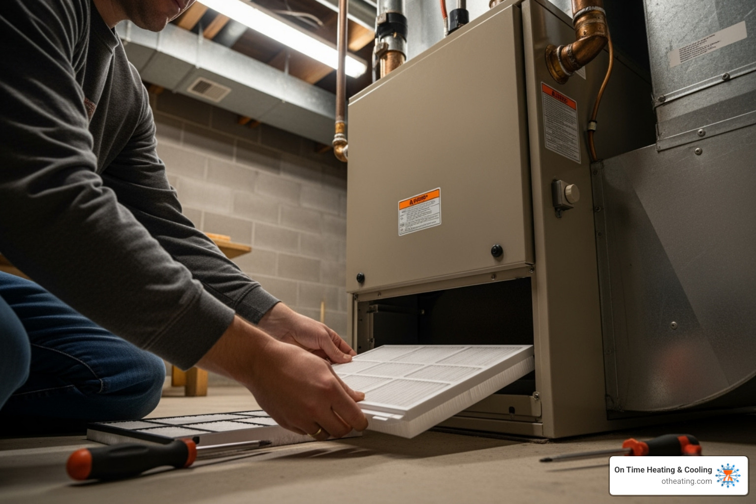Homeowner changing a furnace filter - furnace maintenance brookfield WI