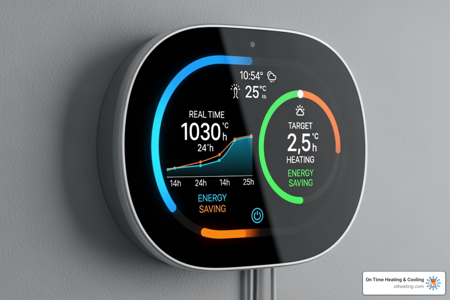 Image of a modern smart thermostat displaying energy usage - New heat pump system