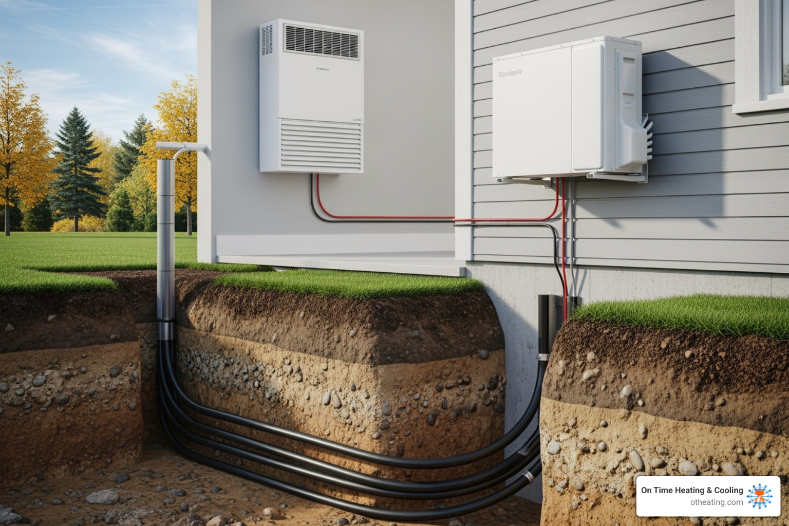 Image showing a geothermal ground loop layout and a ductless mini-split unit on a wall - New heat pump system