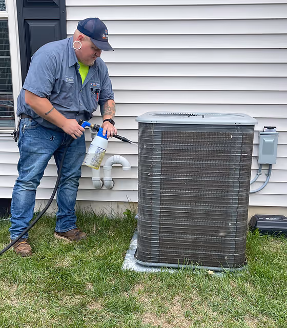 HVAC technician cleaning outdoor AC condenser unit with coil cleaner