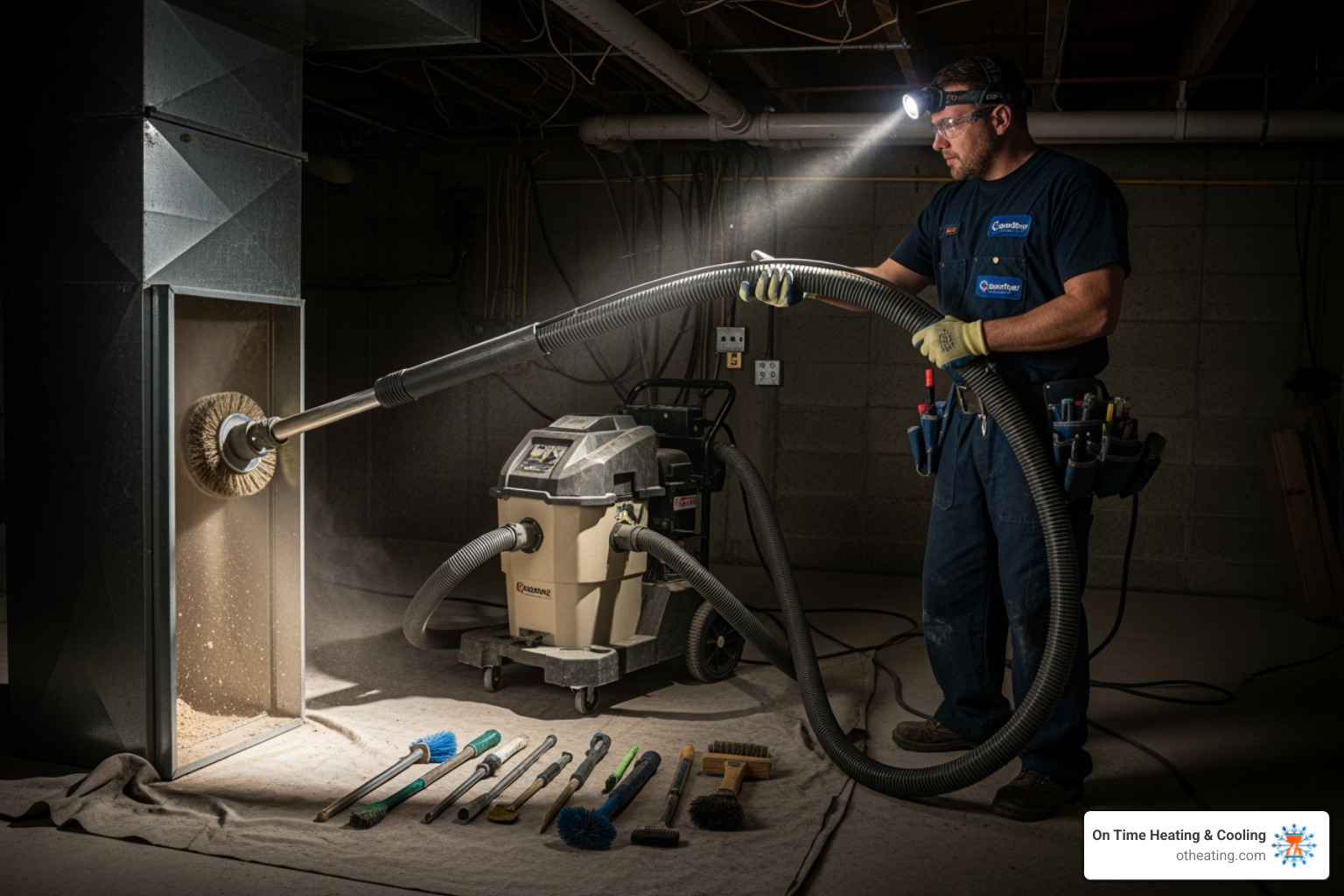 A professional air duct cleaning technician using specialized equipment to clean a duct, showing hoses and a vacuum unit - air duct cleaning Germantown