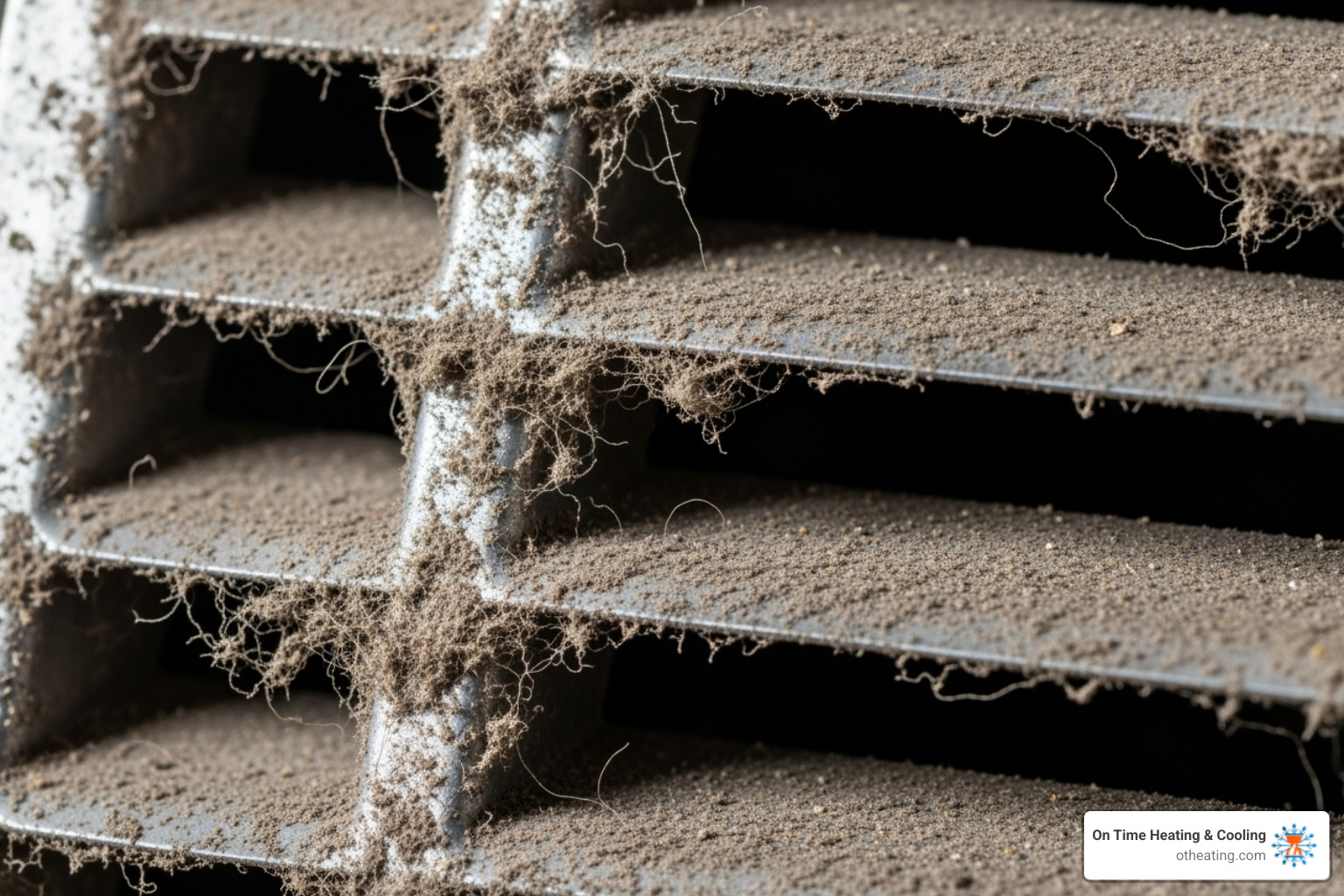A close-up image of a dusty air vent register, showing accumulated dirt and debris - air duct cleaning Germantown