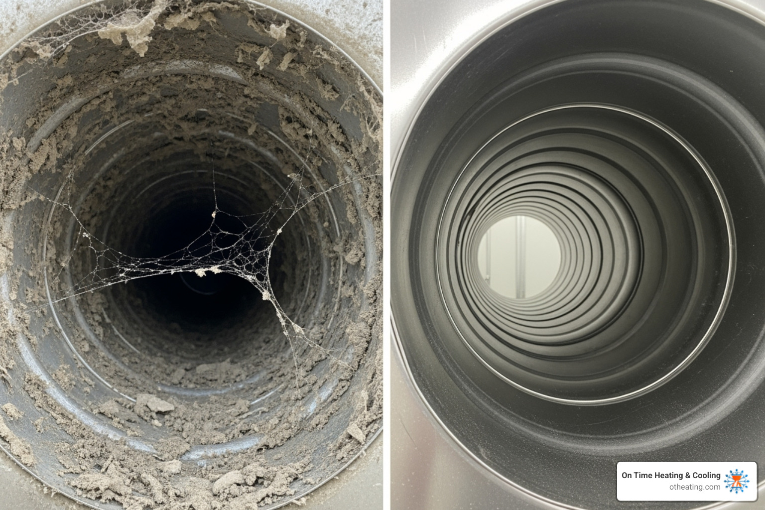 A side-by-side comparison of a dust-filled, dirty air duct next to a sparkling clean air duct, highlighting the visual difference - air duct cleaning Germantown