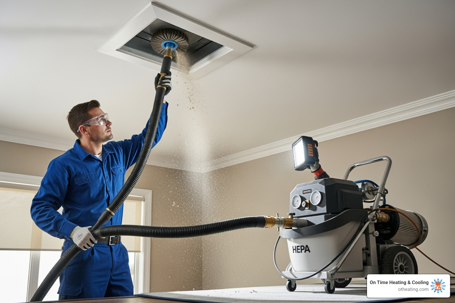 Image of a technician using professional duct cleaning equipment on a home's air vent - allergy relief duct cleaning