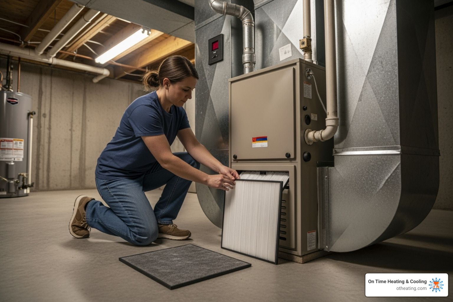 Homeowner replacing a dirty furnace filter with a clean one - furnace leaking water
