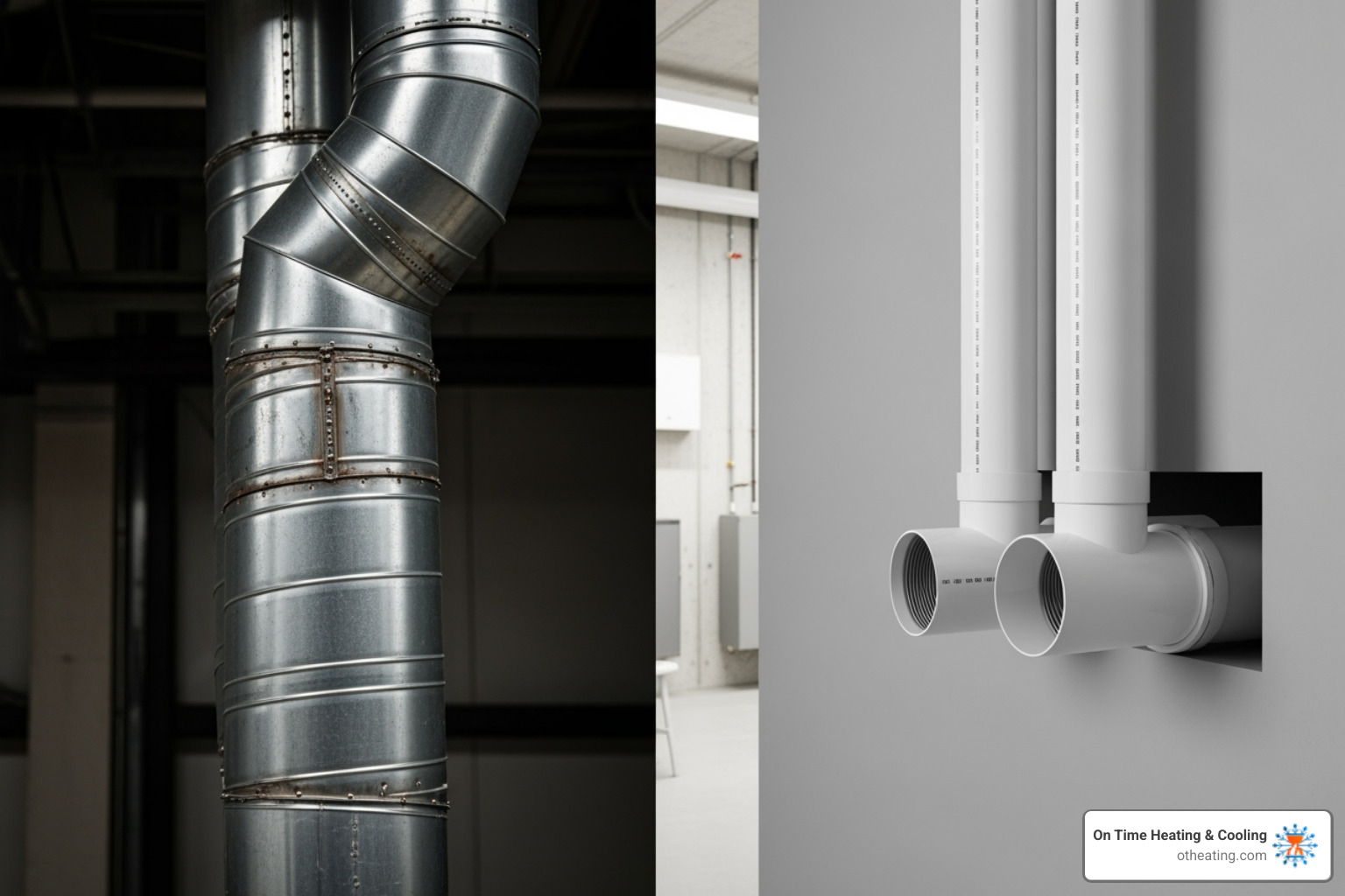 Side-by-side comparison of a metal furnace vent pipe (standard-efficiency) and white PVC furnace vent pipes (high-efficiency) - furnace leaking water