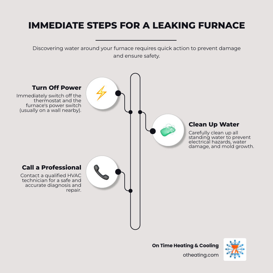 Infographic showing three immediate steps when finding a furnace leak: Step 1 shows a hand turning off a thermostat dial, Step 2 shows someone mopping up water with towels around a furnace base, Step 3 shows a phone with HVAC service contact information - furnace leaking water infographic infographic-line-3-steps-neat_beige
