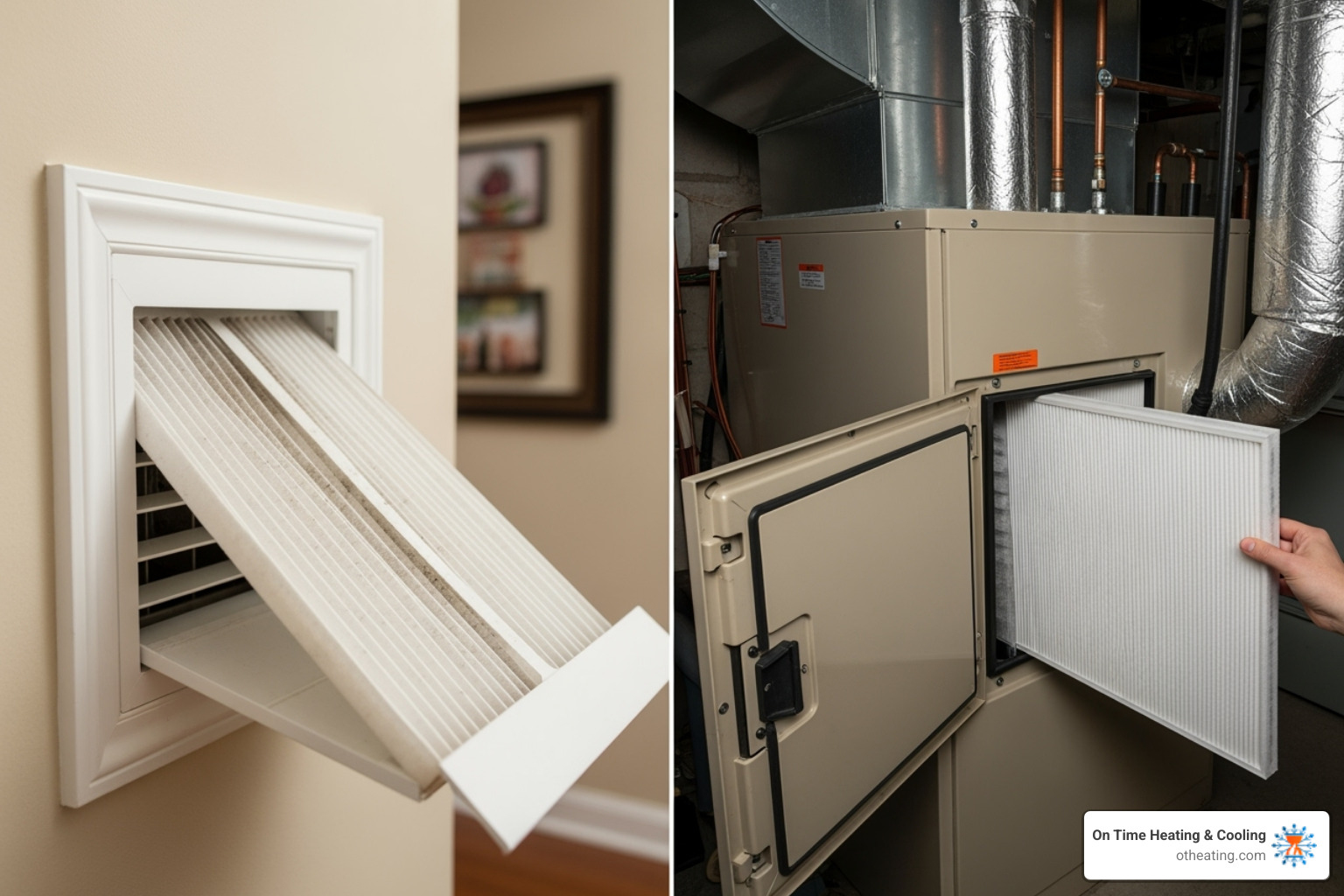 showing the two most common locations for an AC filter: in a wall return vent and in the air handler unit - AC filter change