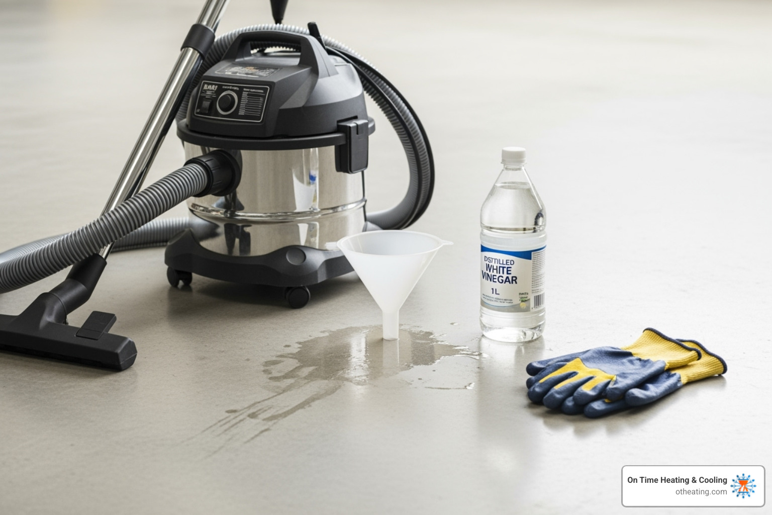 Tools needed: wet/dry vacuum, funnel, distilled white vinegar, protective gloves - AC drain line clogged