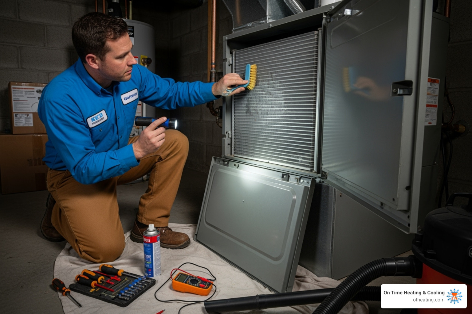Technician working on an indoor evaporator coil - AC installation process