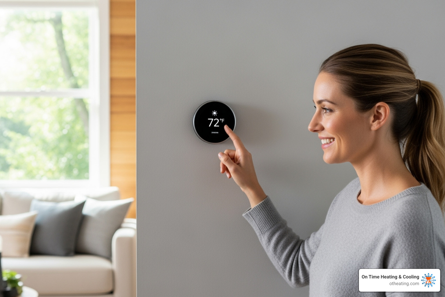 Homeowner smiling adjusting new smart thermostat - AC installation process
