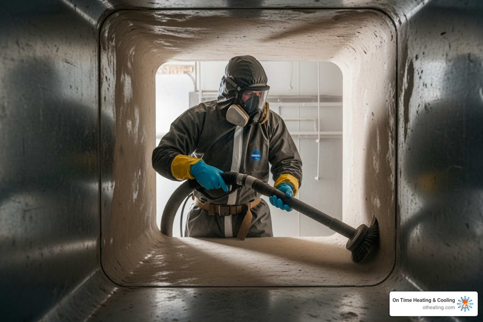 technician using HEPA vacuum and brush system in a duct - mold remediation duct cleaning