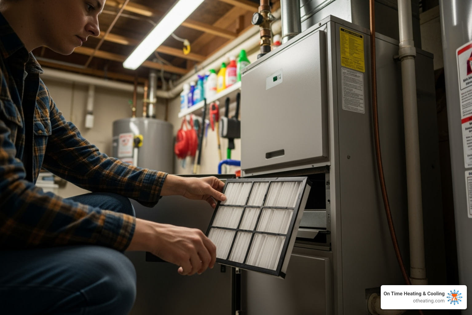 A homeowner inspecting their furnace filter - HVAC furnace repair