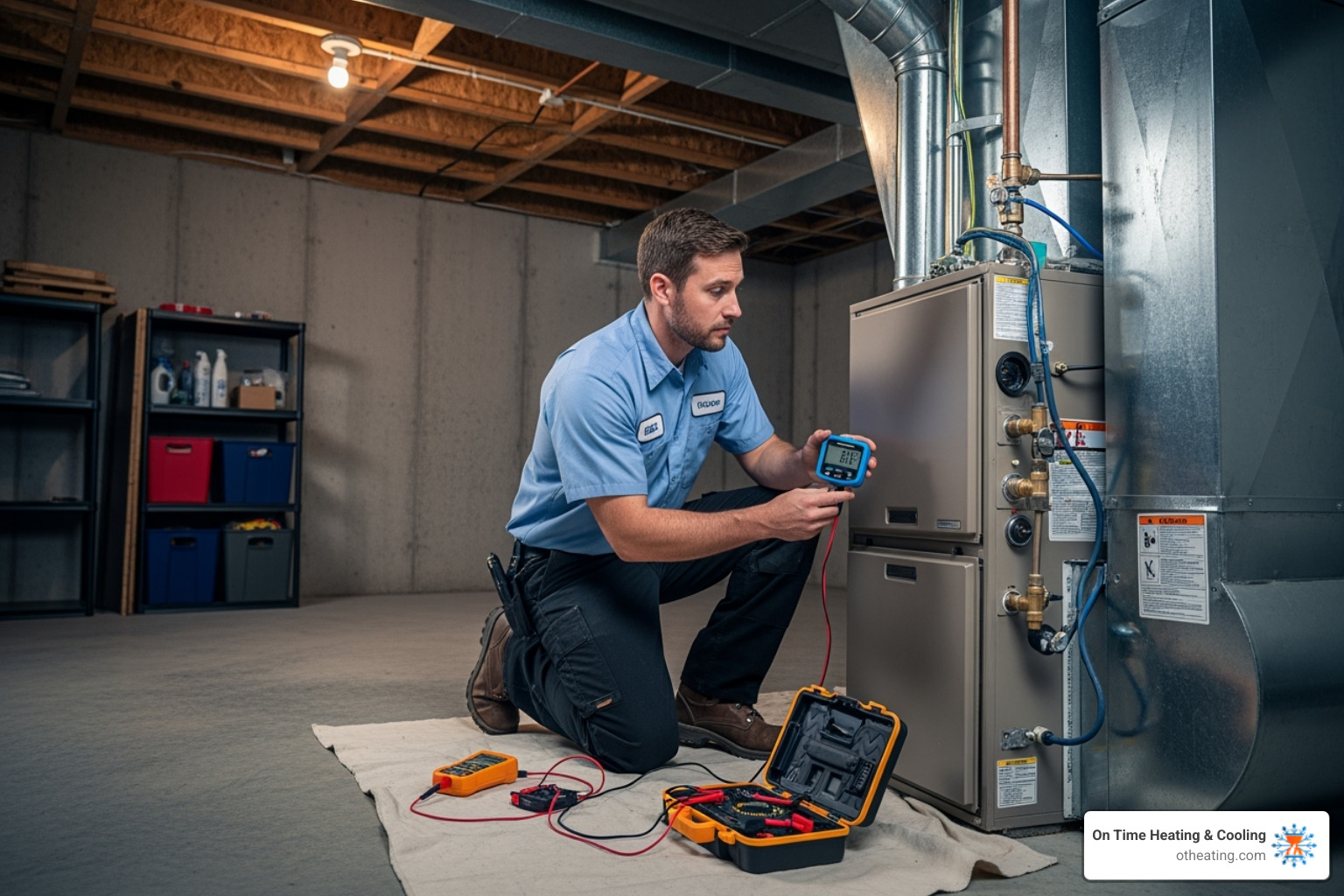 A professional technician using diagnostic tools on a furnace - HVAC furnace repair